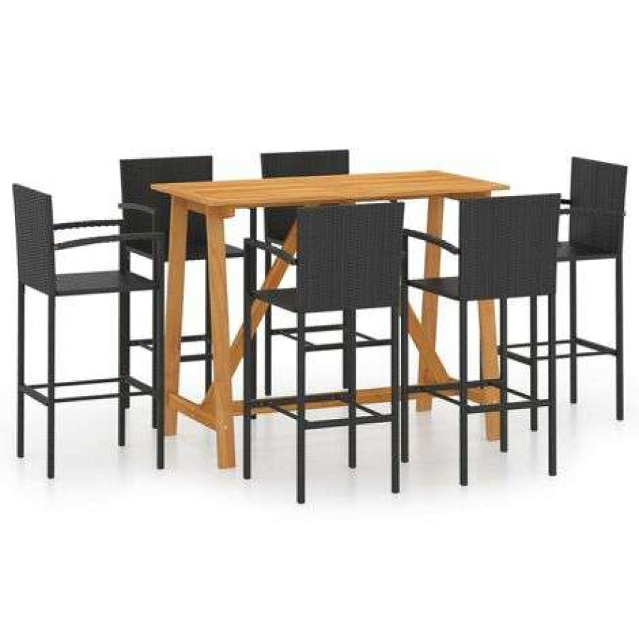 Table Haute Et Bar * | Offres Topdeal Ensemble De Bar De Jardin 7 Pcs Noir Ff3067972_Fr