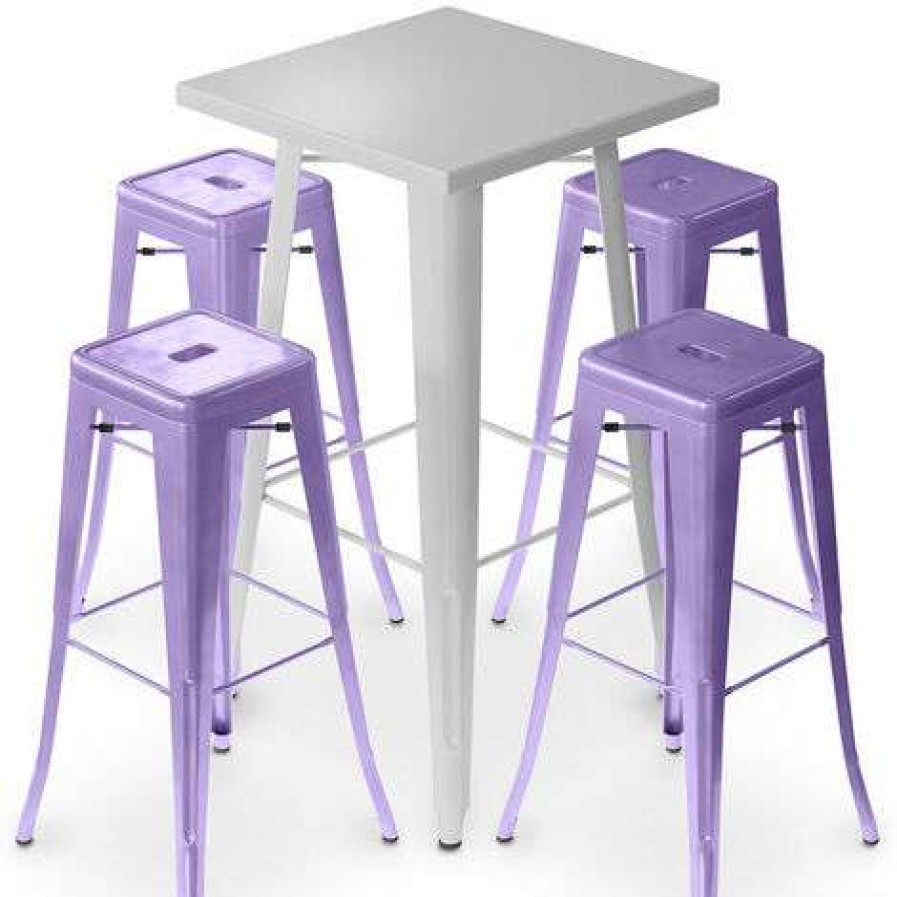 Table Haute Et Bar * | De Gros Privatefloor Table De Bar Argentee + X4 Tabourets De Bar En Acier Mat Ensemble Bistrot Stylix Design Industriel Nouvelle Edition Violet Pastel Violet Pastel