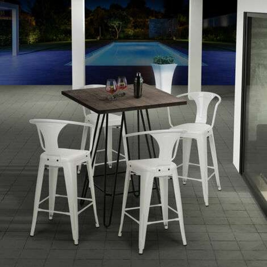 Table Haute Et Bar * | Budget Ahd Amazing Home Design Ensemble Table Bois 60X60Cm 4 Tabourets Tolix Industriel Cuisine Bar Mason Noix | Couleur: Blanc