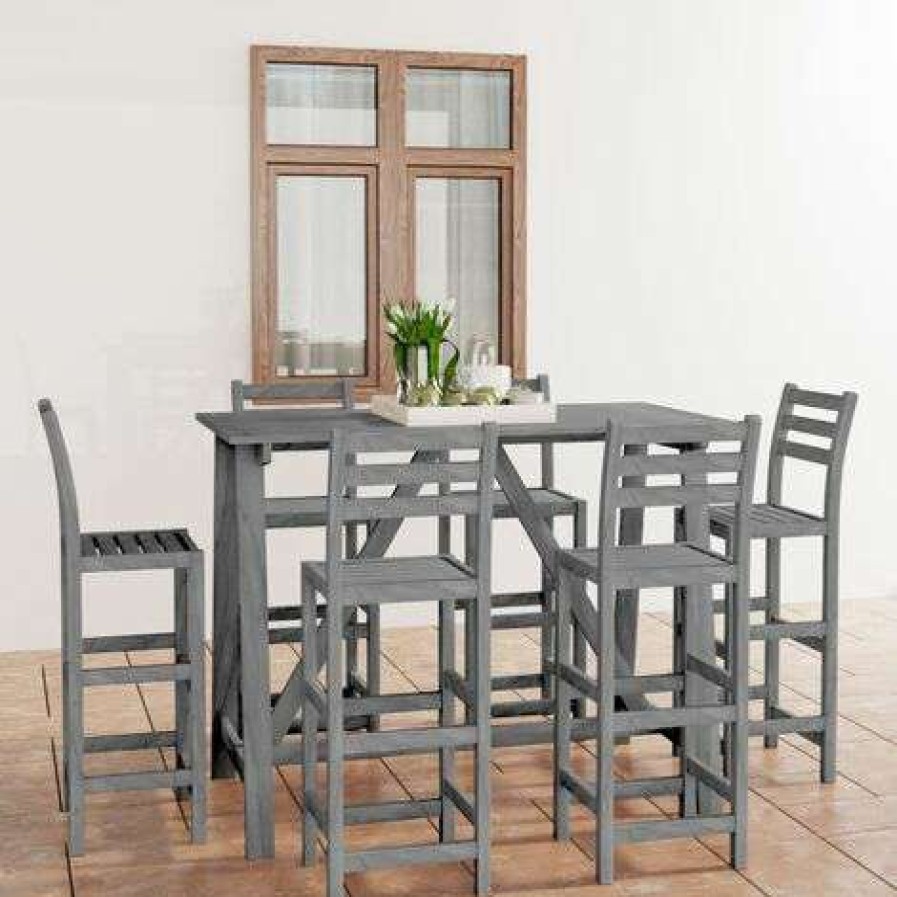 Table Haute Et Bar * | Offres Vidaxl Ensemble De Bar D'Exterieur 7 Pcs Gris Bois D'Acacia Massif Gris