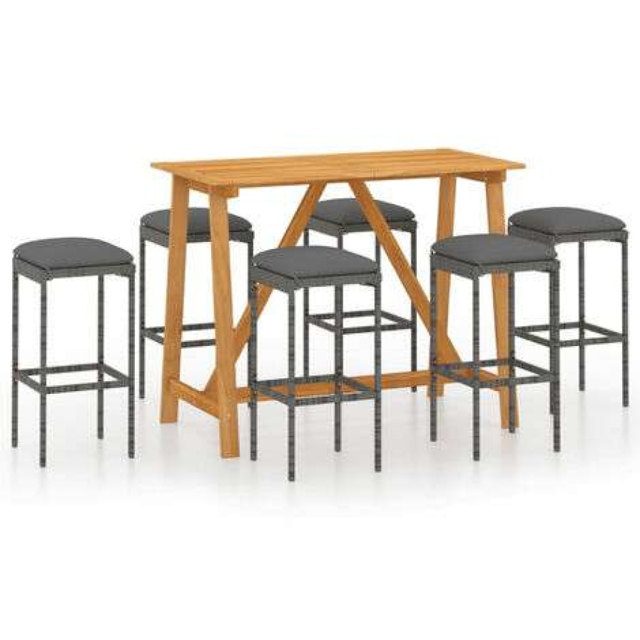 Table Haute Et Bar * | Meilleure Vente Happyshopping Ensemble De Bar De Jardin Avec Coussins 7 Pcs Gris