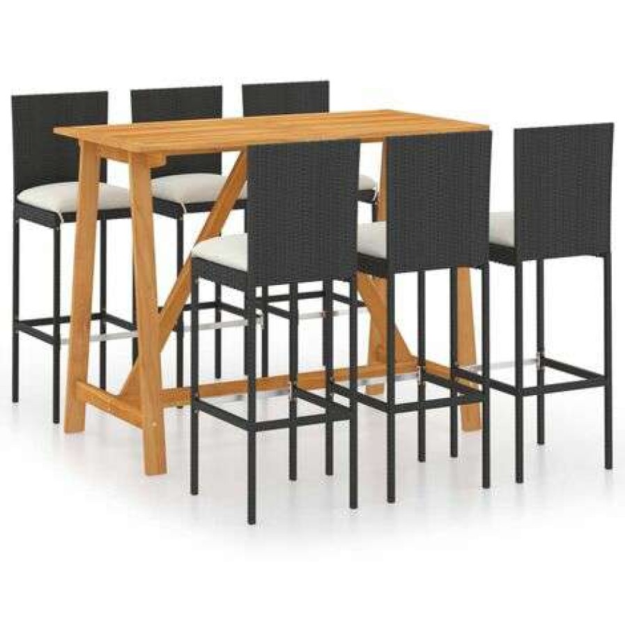 Table Haute Et Bar * | Top 10 Hommoo Ensemble De Bar De Jardin Avec Coussins 7 Pcs Noir