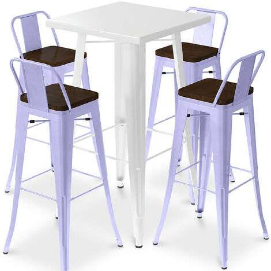 Table Haute Et Bar * | Le Moins Cher Privatefloor Table De Bar Blanche + X4 Tabourets De Bar En Acier Ensemble Bistrot Stylix Design Industriel Nouvelle Edition Lavande Lavande