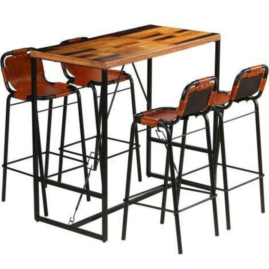 Table Haute Et Bar * | Nouveau True Deal Ensemble De Bar 5 Pcs Bois Massif Recycle Et Cuir De Chevre