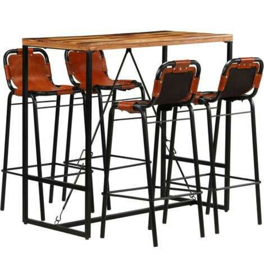 Table Haute Et Bar * | Nouveau True Deal Ensemble De Bar 5 Pcs Bois Massif Recycle Et Cuir De Chevre