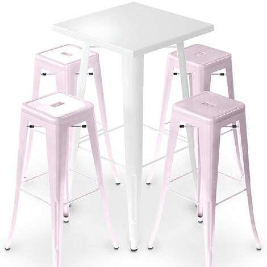 Table Haute Et Bar * | Offres Privatefloor Table De Bar Blanche + X4 Tabourets De Bar En Acier Mat Set Bistrot Stylix Design Industriel Nouvelle Edition Rose Pale Rose Pale