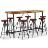 Table Haute Et Bar * | Budget Talkeach Ensemble De Bar Bois Massif Recycle Et Cuir Veritable 9 Pcs