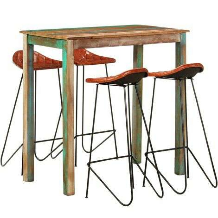 Table Haute Et Bar * | Nouveau Fimei Ensemble De Bar 5 Pcs Bois De Recuperation Et Cuir Veritable