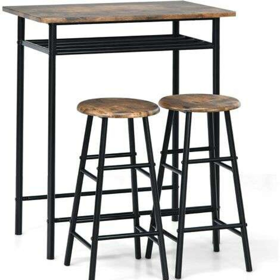 Table Haute Et Bar * | Grosses Soldes Costway Ensemble Table De Bar Et Chaises, Table Haute Avec 2 Tabourets Avec Repose-Pieds Marron