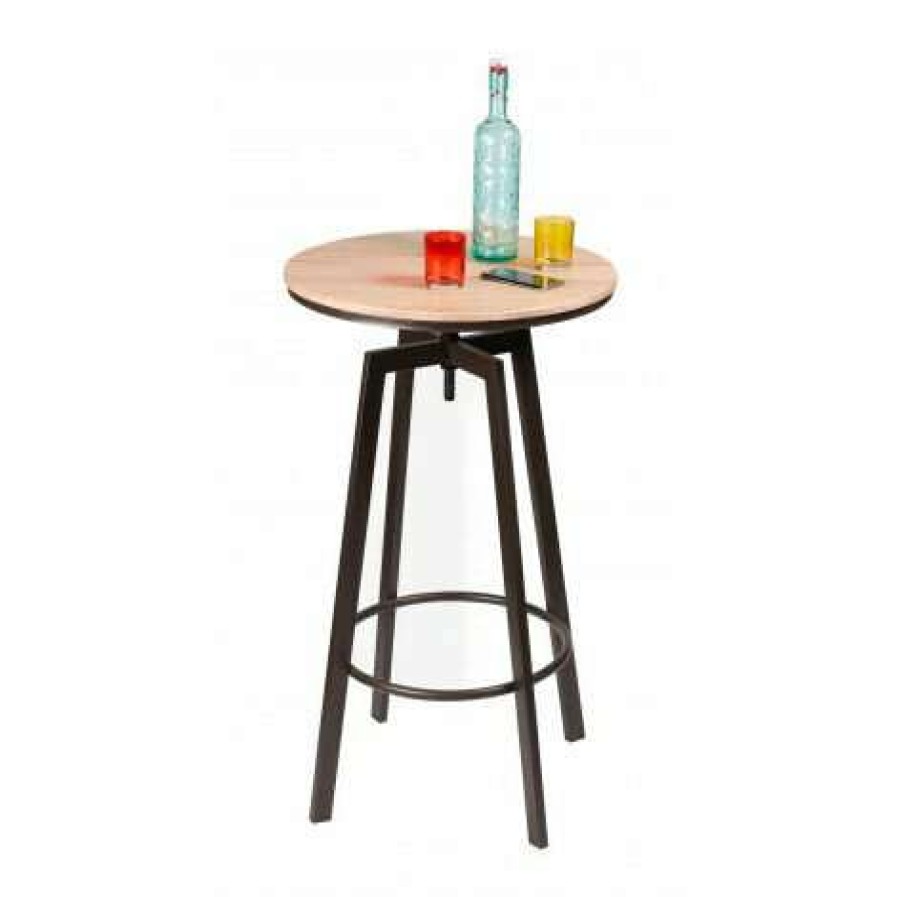 Table Haute Et Bar * | Grosses Soldes Fornord Table De Bar Ronde Style Industriel En Bois Et Metal Noir Ajustable Bois