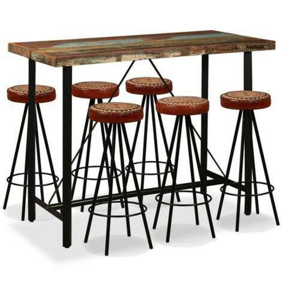 Table Haute Et Bar * | Sortie Hommoo Ensemble De Bar 7 Pcs Bois De Recuperation Cuir Veritable Et Toile Hdv18082