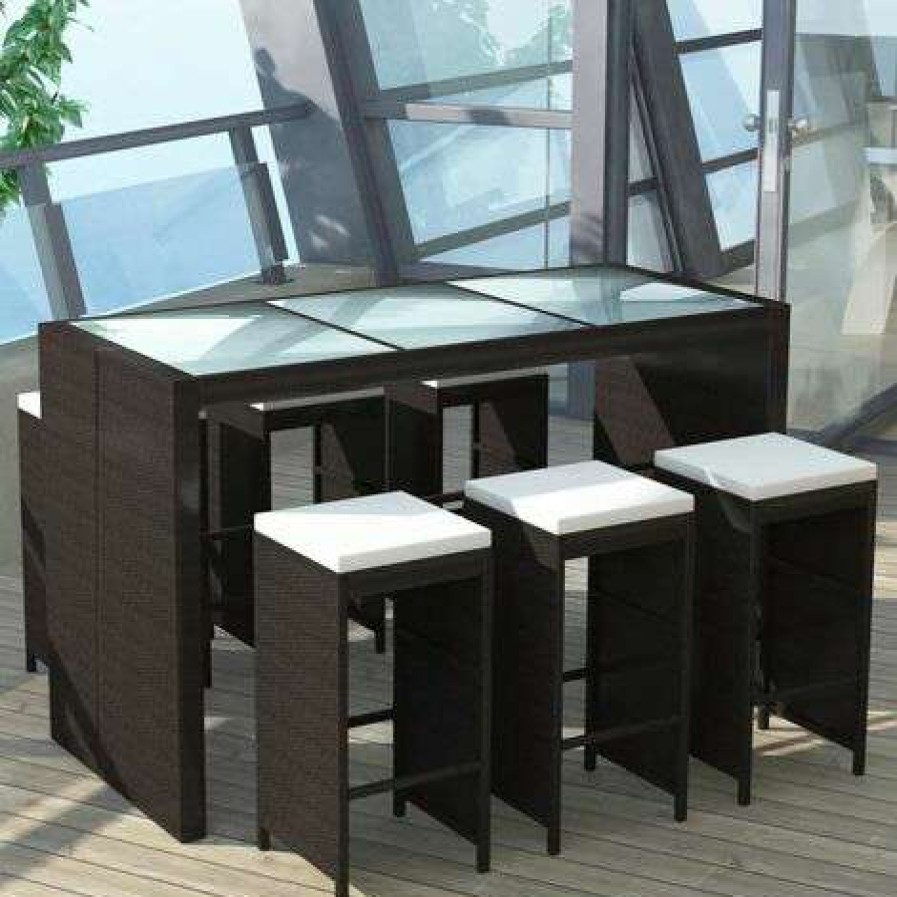 Table Haute Et Bar * | Sortie Topdeal Meuble De Bar De Jardin 7 Pcs Et Coussins Resine Tressee Marron