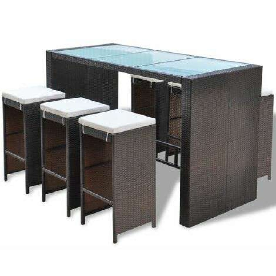 Table Haute Et Bar * | Sortie Topdeal Meuble De Bar De Jardin 7 Pcs Et Coussins Resine Tressee Marron