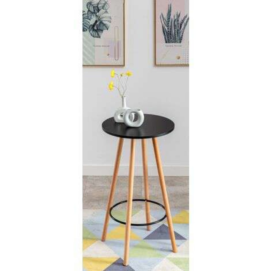 Table Haute Et Bar * | Remise Clp Table Haute De Bar Mijas En Bois Avec Plateau Rond Et Repose-Pieds En Metal Noir Rund