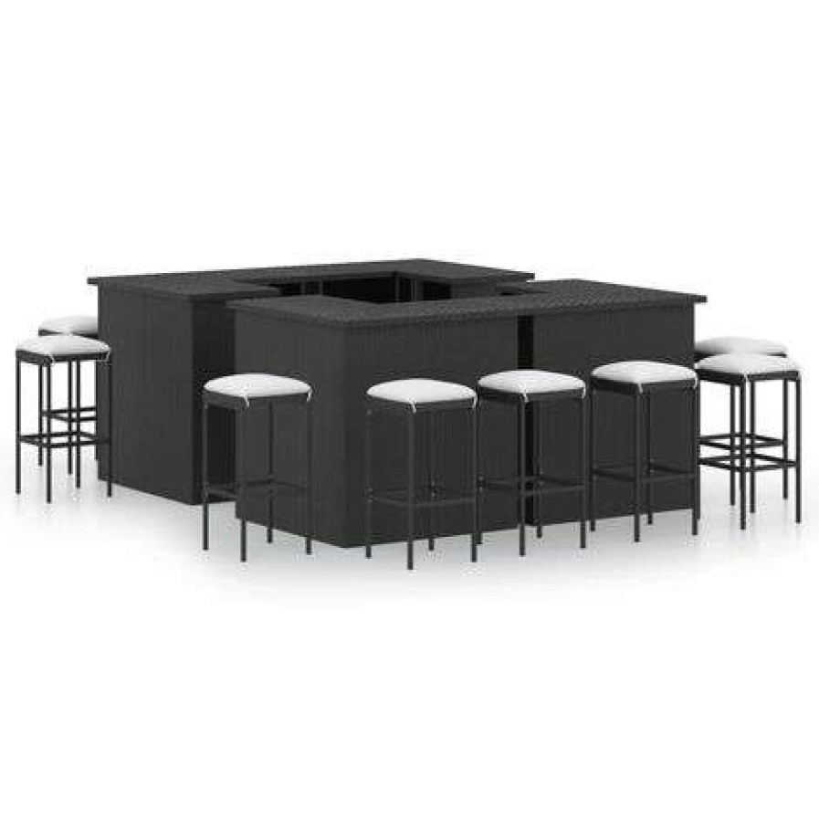 Table Haute Et Bar * | Acheter True Deal Meuble De Bar De Jardin 16 Pcs Et Coussins Resine Tressee Noir