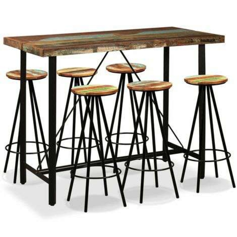 Table Haute Et Bar * | Bon Marche Fuhuidatrading Ensemble De Bar 7 Pcs Bois Massif Recycle