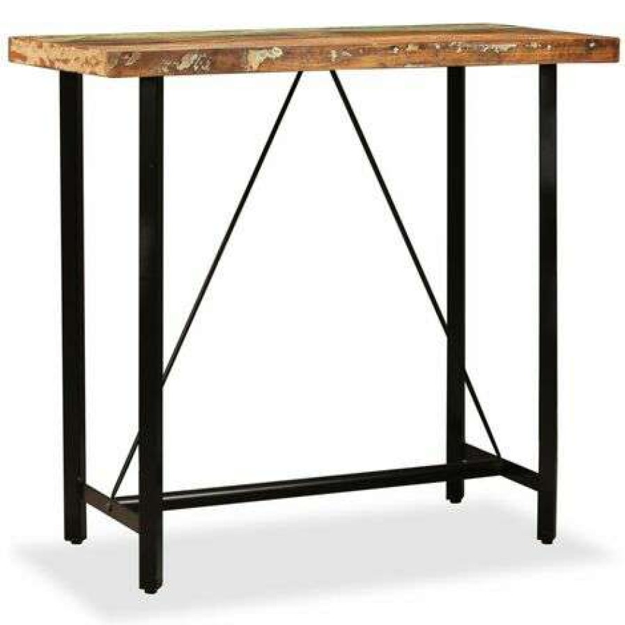 Table Haute Et Bar * | Promo Topdeal Ensemble De Bar 5 Pcs Bois Massif Recycle Et Cuir Veritable Vdff18077_Fr