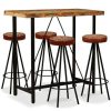 Table Haute Et Bar * | Budget Youthup Ensemble De Bar 5 Pcs Bois De Recuperation Cuir Veritable Et Toile Brun