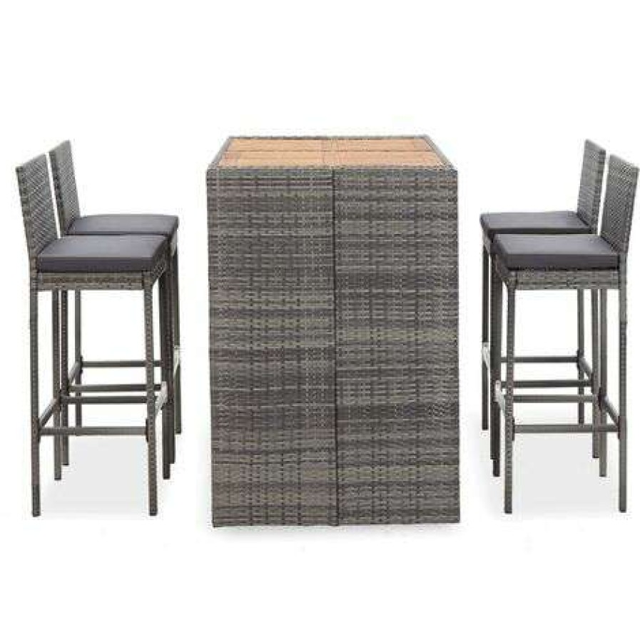 Table Haute Et Bar * | Bon Marche Topdeal Ensemble De Bar 5 Pcs Resine Tressee Et Bois D'Acacia Gris Ff49565_Fr