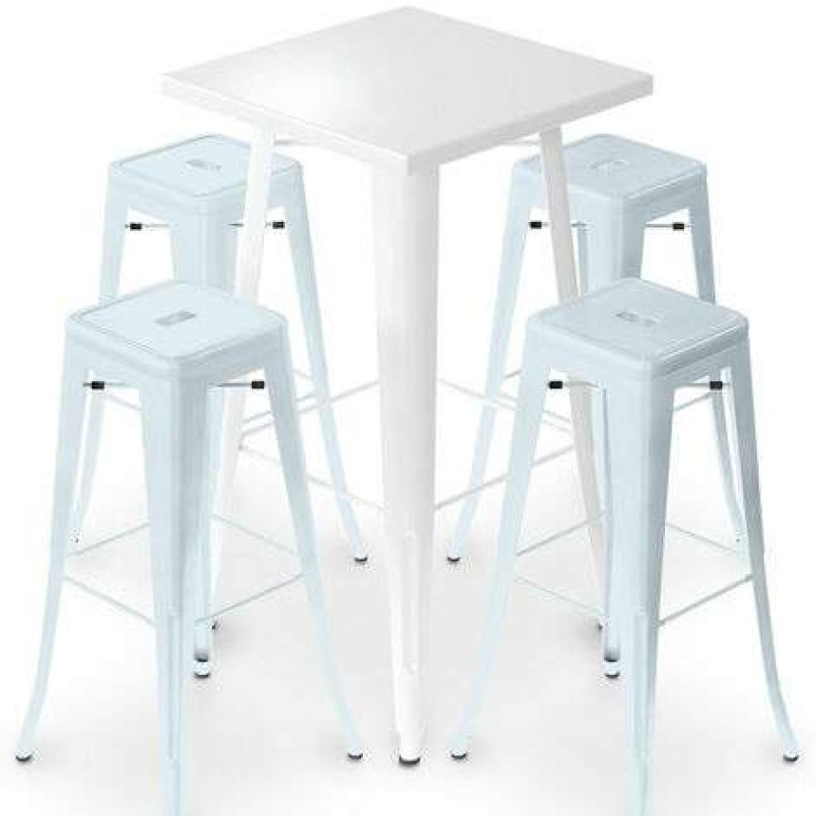 Table Haute Et Bar * | Coupon Privatefloor Table De Bar Blanche + X4 Tabourets De Bar En Acier Mat Set Bistrot Stylix Design Industriel Nouvelle Edition Bleu Gris Bleu Gris