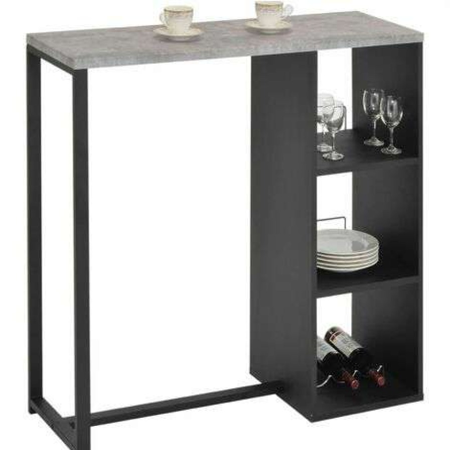 Table Haute Et Bar * | Le Moins Cher Idimex Table Haute De Bar Piava Mange-Debout Comptoir Avec 3 Etageres Dont 1 Porte-Bouteilles, En Metal Laque Noir Et Mdf Decor Beton Gris