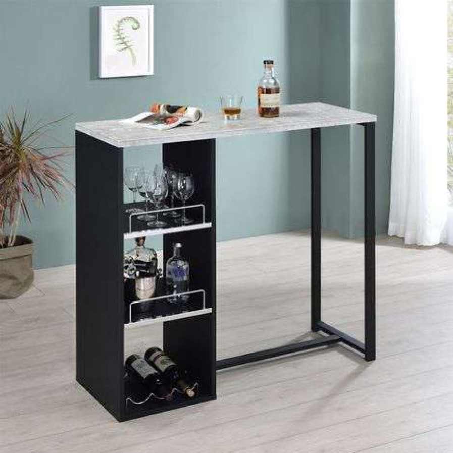 Table Haute Et Bar * | Le Moins Cher Idimex Table Haute De Bar Piava Mange-Debout Comptoir Avec 3 Etageres Dont 1 Porte-Bouteilles, En Metal Laque Noir Et Mdf Decor Beton Gris