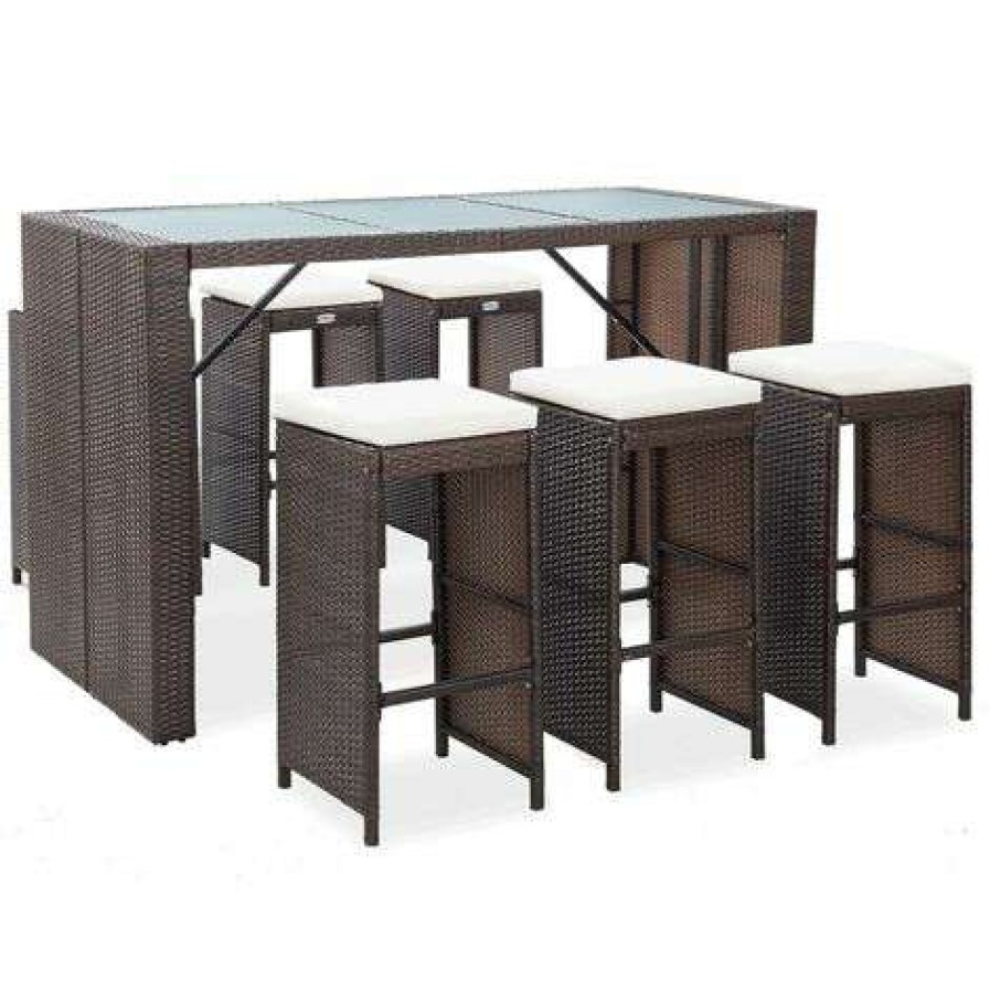 Table Haute Et Bar * | Offres Inlife Meuble De Bar De Jardin 7 Pcs Et Coussins Resine Tressee Marron Brun