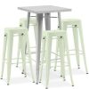 Table Haute Et Bar * | Meilleure Vente Privatefloor Table De Bar Argentee + X4 Tabourets De Bar En Acier Ensemble Bistrot Stylix Design Industriel Nouvelle Edition Vert Pale Vert Pale