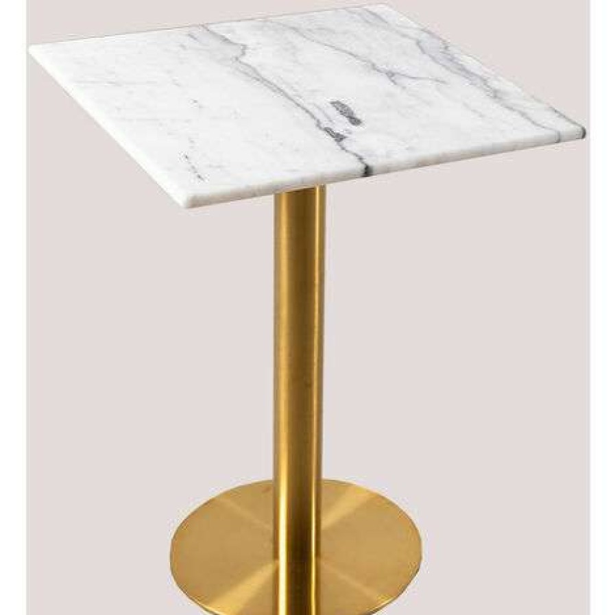 Table Haute Et Bar * | Top 10 Table De Bar Carree En Marbre Chack Metallic Sklum Marbre Fer Dore 60 Cm Dore Blanc