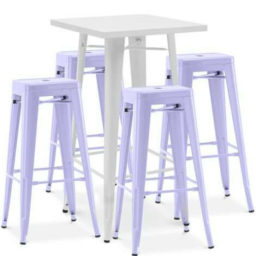 Table Haute Et Bar * | Meilleure Affaire Privatefloor Table De Bar Blanche + X4 Tabourets De Bar En Acier Design Industriel Set Bistrot Stylix Nouvelle Edition Lavande Lavande