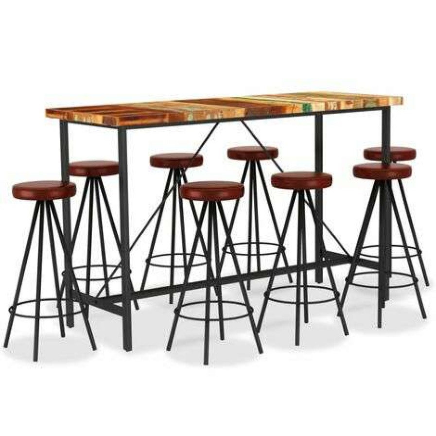 Table Haute Et Bar * | De Gros Fimei Ensemble De Bar 9 Pcs Bois De Recuperation Et Cuir Veritable