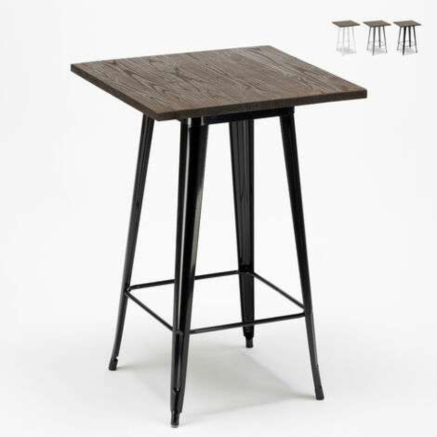 Table Haute Et Bar * | Sortie Ahd Amazing Home Design Table Haute Pour Tabourets Tolix Industriel En Metal Acier Et Bois 60 60 Welded | Couleur: Noir