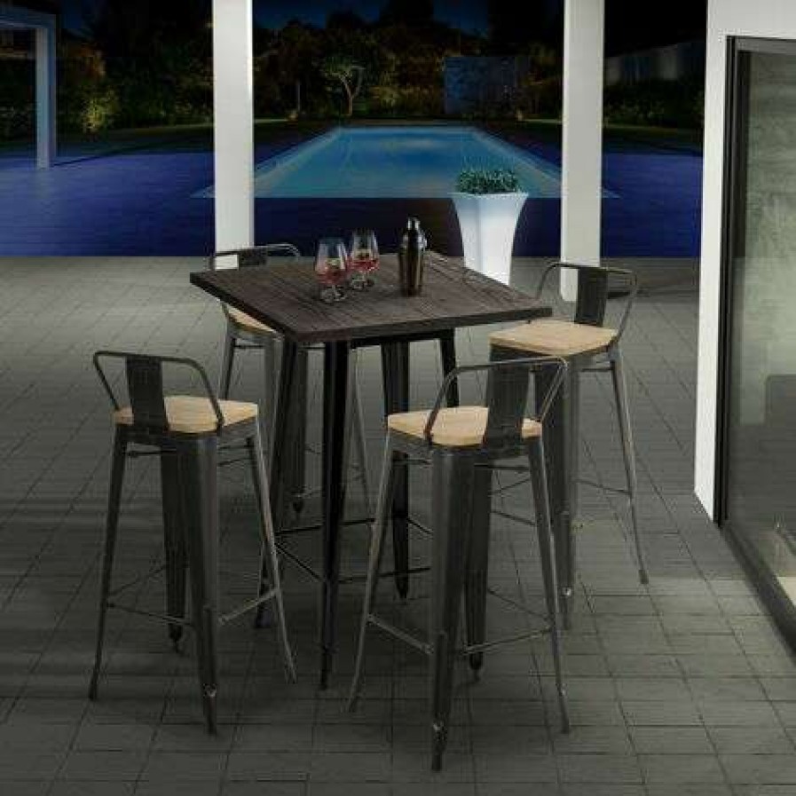 Table Haute Et Bar * | Sortie Ahd Amazing Home Design Table Haute Pour Tabourets Tolix Industriel En Metal Acier Et Bois 60 60 Welded | Couleur: Noir