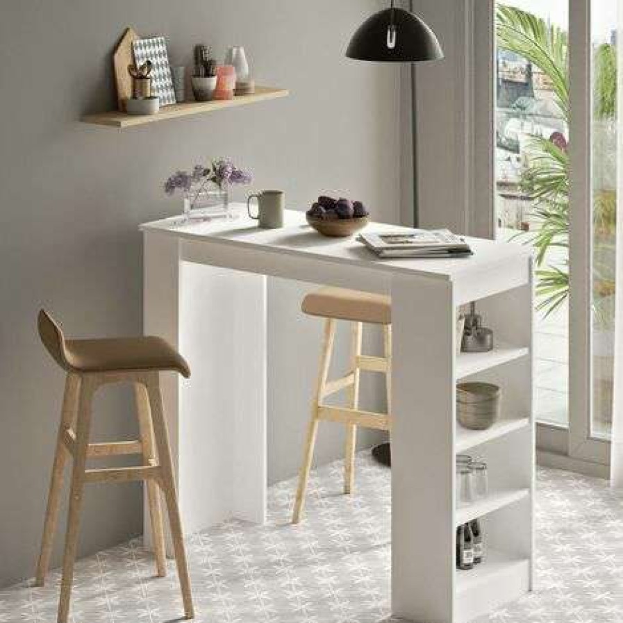 Table Haute Et Bar * | De Gros Cotecosy Table De Bar Caron Avec Rangement 3 Etageres En Bois Blanc Blanc