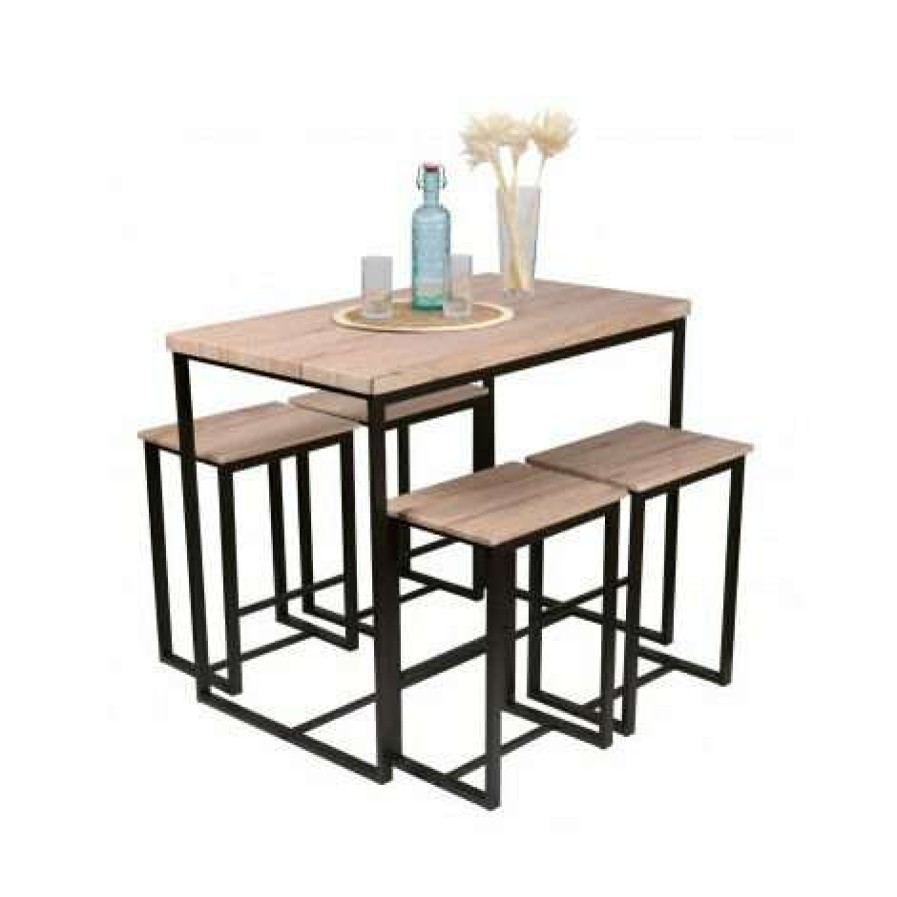 Table Haute Et Bar * | Remise Fornord Table De Bar + 4 Tabourets De Bar En Bois Et Metal Noir Bois