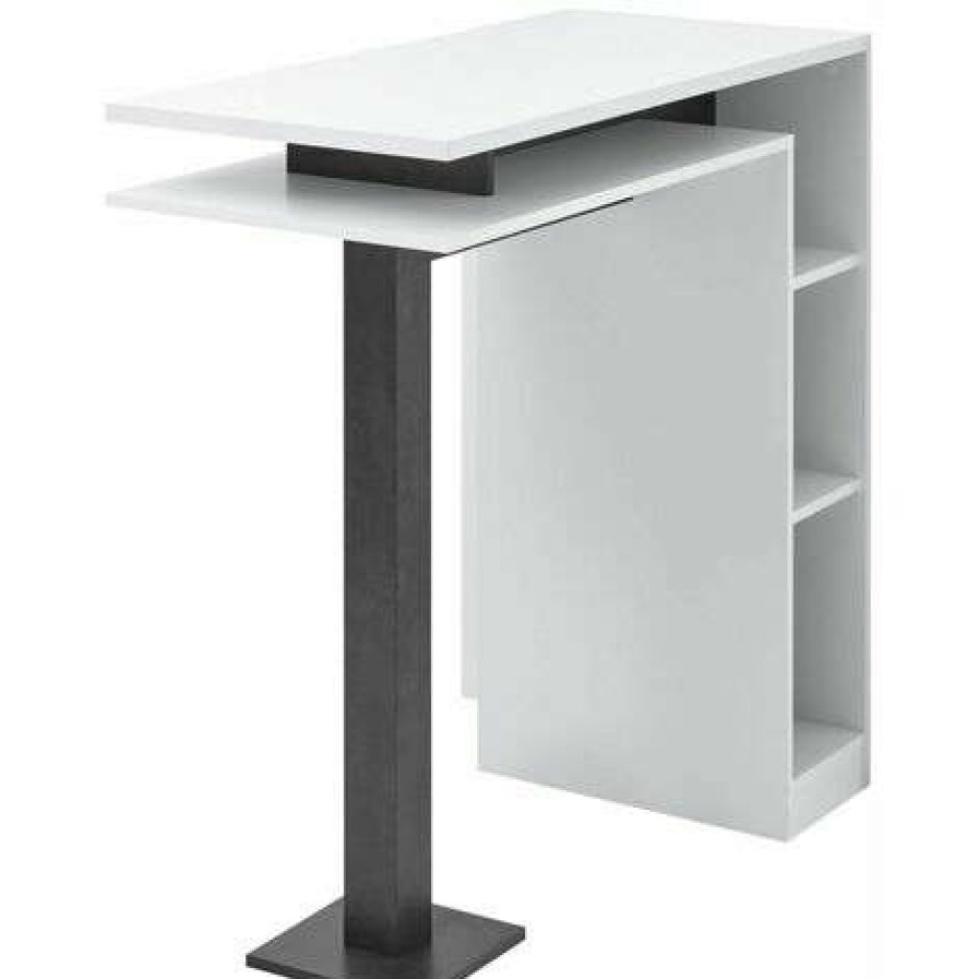 Table Haute Et Bar * | Top 10 Altobuy Perga Table Bar Blanche Et Effet Beton Noir Avec Niches Blanc