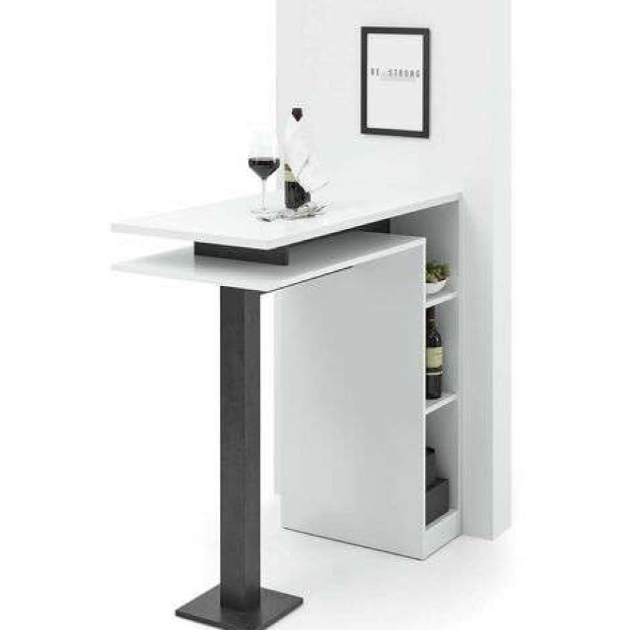 Table Haute Et Bar * | Top 10 Altobuy Perga Table Bar Blanche Et Effet Beton Noir Avec Niches Blanc