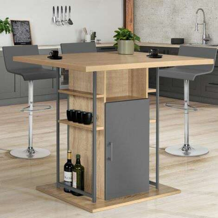 Table Haute * | Remise Idmarket Ilot Central Ugo 110 Cm Bois Gris Et Imitation Hetre Avec Rangements Design Industriel