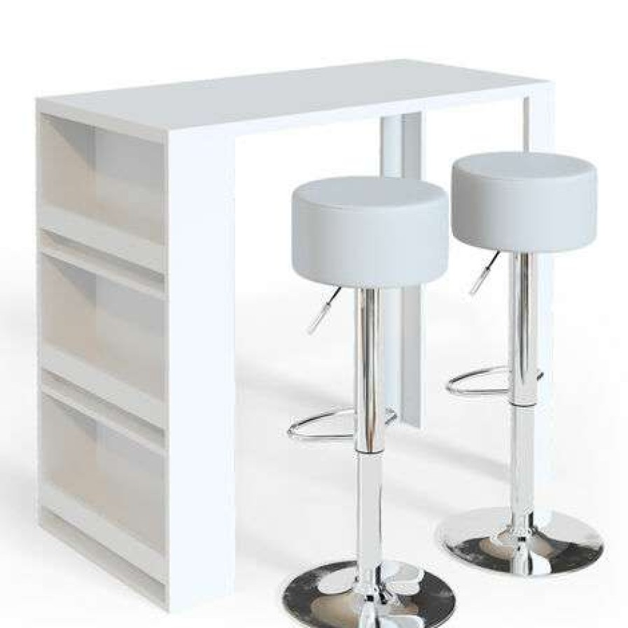 Table Haute Et Bar * | Acheter Table De Bar 117Cm Blanche Avec 2 Tabourets De Bar Vicco