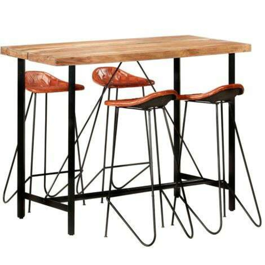 Table Haute Et Bar * | Meilleur Prix True Deal Ensemble De Bar 5 Pcs Bois Solide Et Cuir Veritable