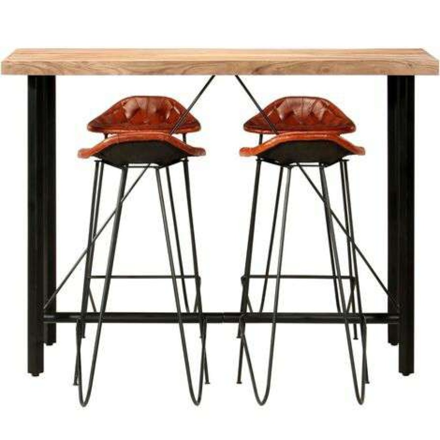 Table Haute Et Bar * | Meilleur Prix True Deal Ensemble De Bar 5 Pcs Bois Solide Et Cuir Veritable