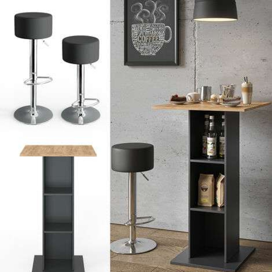 Table Haute Et Bar * | Acheter Table De Bar Rodeo Anthrazit/Goldkraft Avec 2 Tabourets Vicco