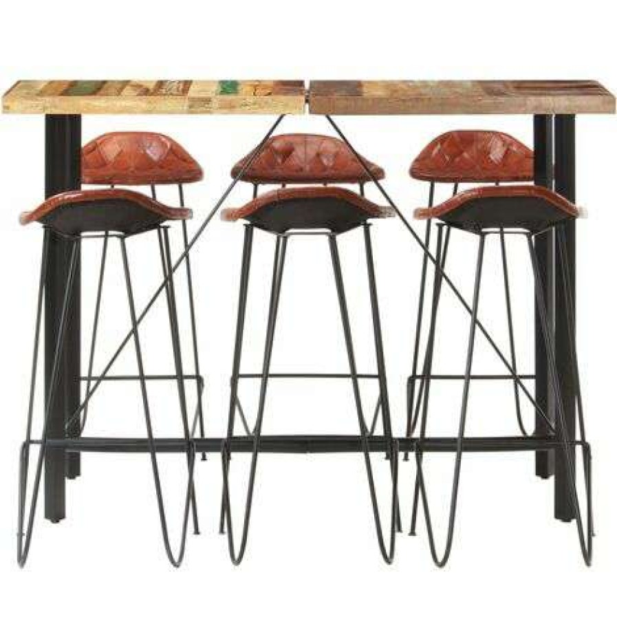 Table Haute Et Bar * | Bon Marche Ensemble De Bar 7 Pcs Bois De Recuperation Et Cuir Veritable Modele 1 Vidaxl