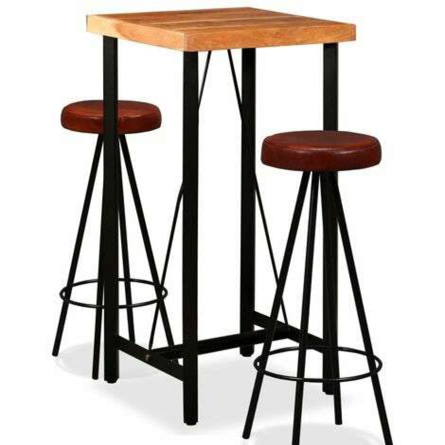 Table Haute Et Bar * | Tout Neuf Topdeal Ensemble De Bar 3 Pcs Bois D'Acacia Massif Et Cuir Veritable