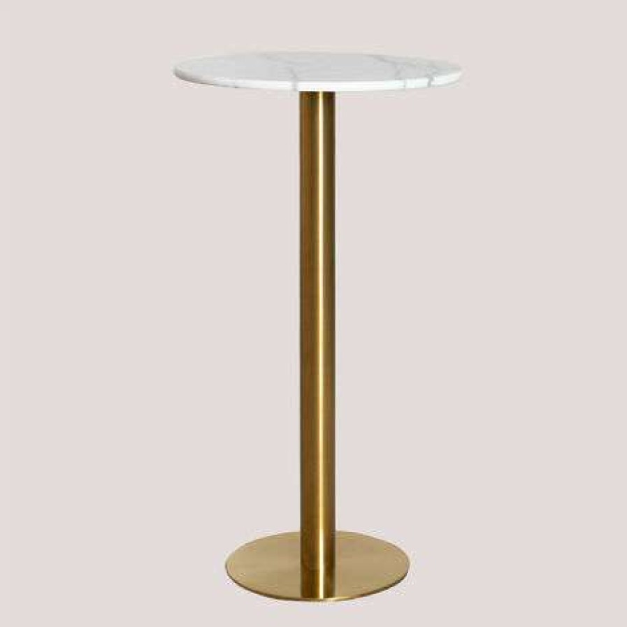 Table Haute Et Bar * | Coupon Table Haute Ronde En Marbre (O60 Cm) Metallic Chack Sklum Marbre Dore Dore Blanc