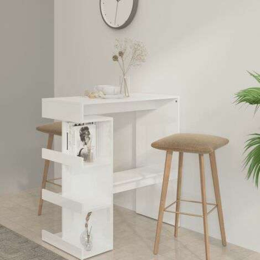 Table Haute Et Bar * | Nouveau True Deal Table De Bar Etagere De Rangement Blanc Brillant 100X50X101,5Cm