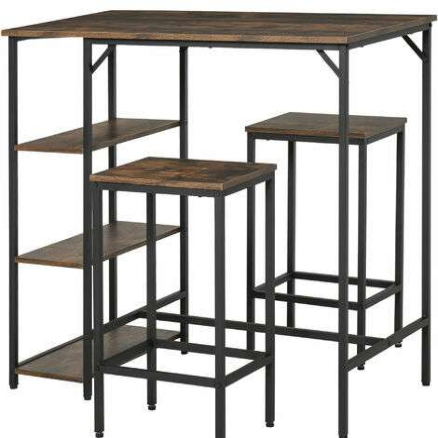 Table Haute Et Bar * | Les Meilleures Critiques De Homcom Ensemble Table De Bar 3 Etageres 2 Tabourets Style Industriel Metal Noir Aspect Vieux Bois Veinage