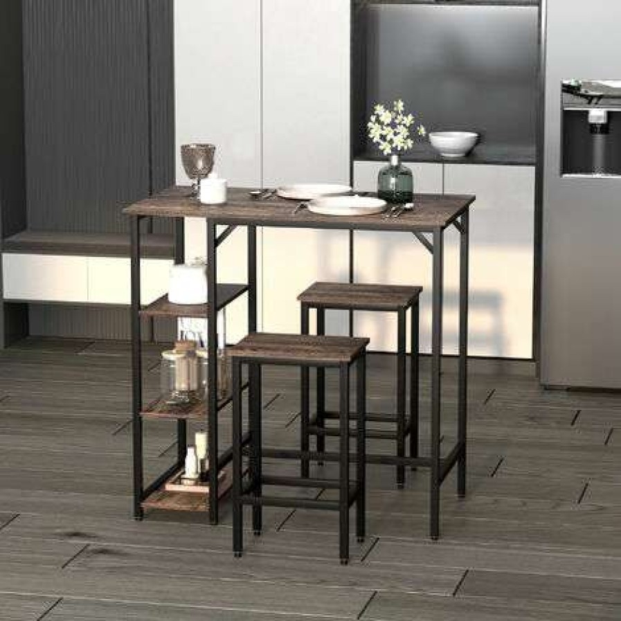 Table Haute Et Bar * | Les Meilleures Critiques De Homcom Ensemble Table De Bar 3 Etageres 2 Tabourets Style Industriel Metal Noir Aspect Vieux Bois Veinage