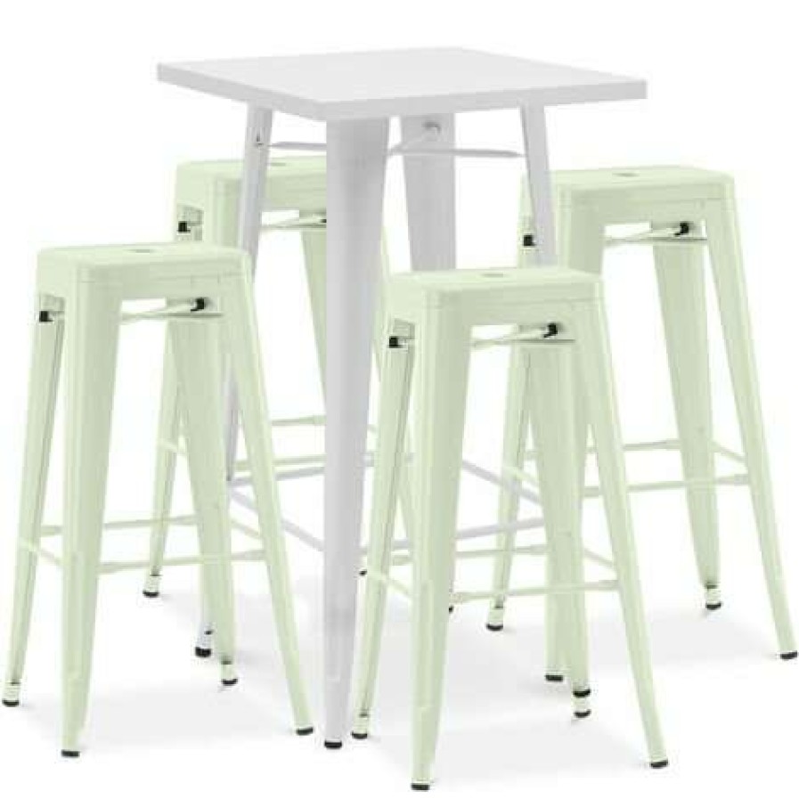 Table Haute Et Bar * | Meilleure Affaire Privatefloor Table De Bar Blanche + X4 Tabourets De Bar En Acier Design Industriel Set Bistrot Stylix Nouvelle Edition Vert Pale Vert Pale