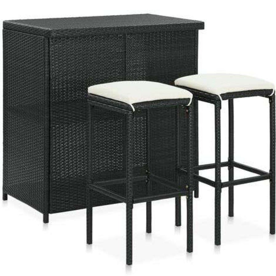 Table Haute Et Bar * | Sortie Hommoo Ensemble De Bar 3 Pcs Resine Tressee Noir